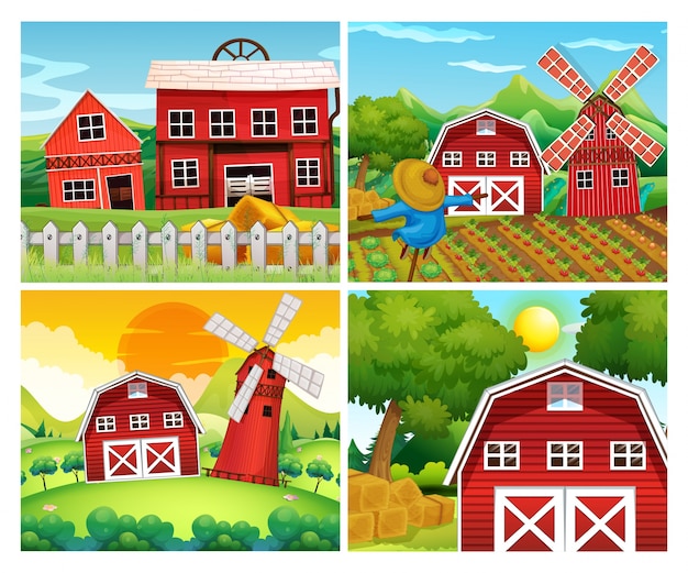 Free vector four scenes of farmyards