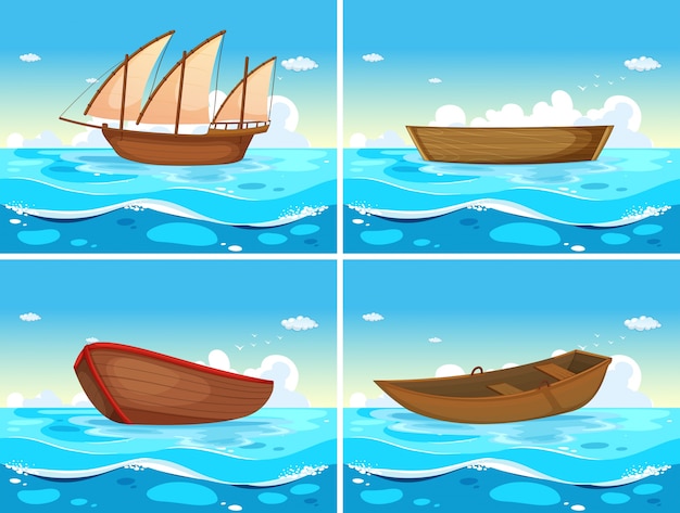 Бесплатное векторное изображение Четыре сцены лодок в океане