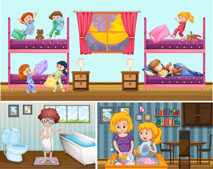Free Vector four scenes of people in the house illustration