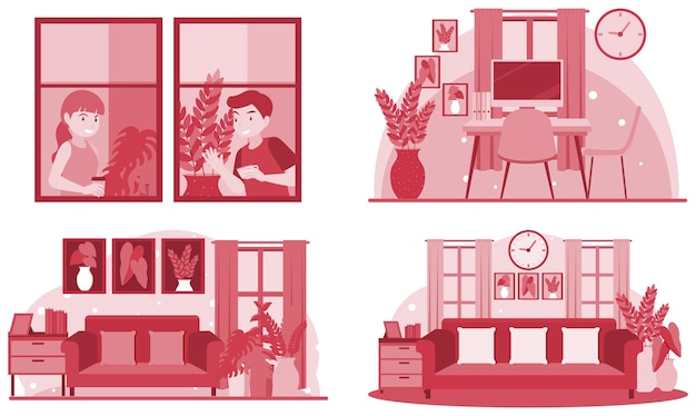 Free vector four scenes of people working at home