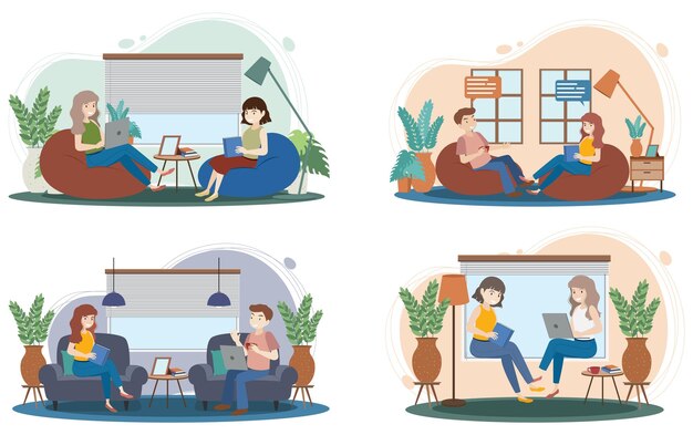 Four scenes of people working at home