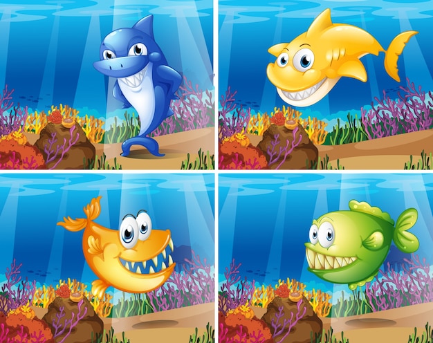 Four scenes of underwater with fish