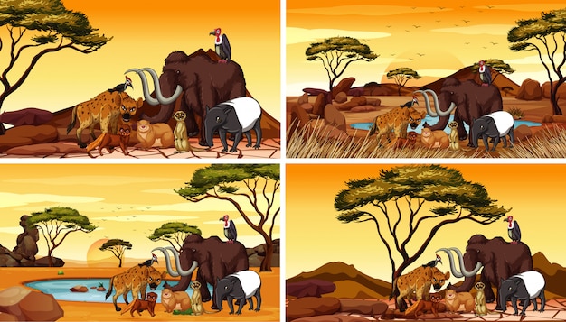 Vettore gratuito quattro scene con animali africani sul campo