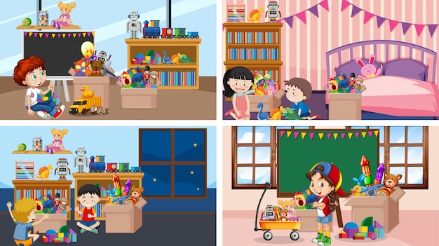 Free vector four scenes with children playing in different rooms