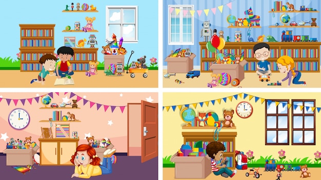 Четыре сцены с детьми, играющими в разных комнатах