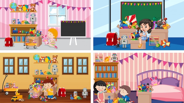 Free vector four scenes with children playing in the rooms