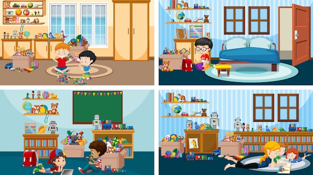 Quattro scene con bambini che giocano e leggono in stanze diverse