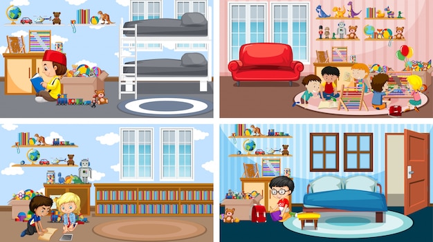 Free vector four scenes with kids reading book in different rooms illustrations