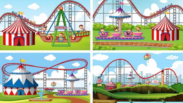 Free vector four scenes with many rides in the fun fair