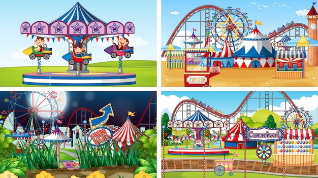 Four scenes with many rides in the fun fair