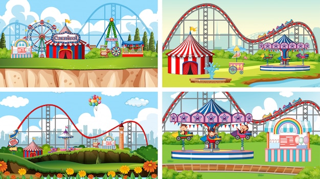 Four scenes with many rides in the fun fair