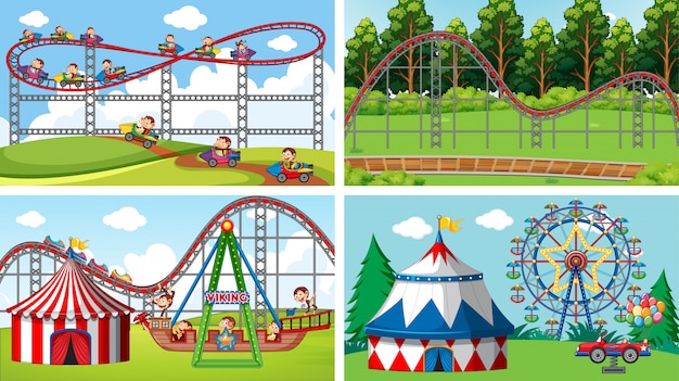 Four scenes with many rides in the fun fair