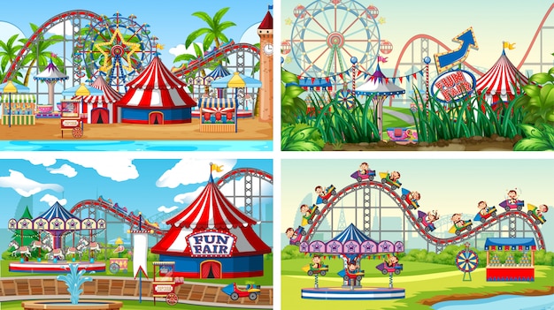 Four scenes with many rides in the fun fair