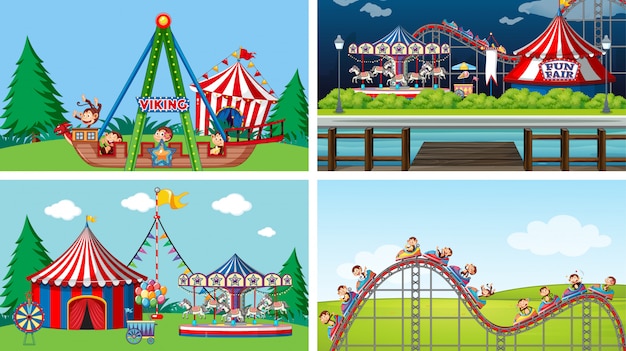 Four scenes with many rides in the fun fair