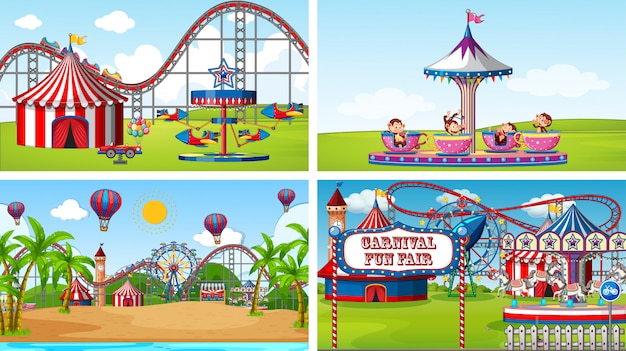 Free vector four scenes with many rides in the fun fair