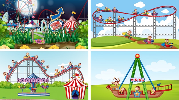 Four scenes with many rides in the fun fair