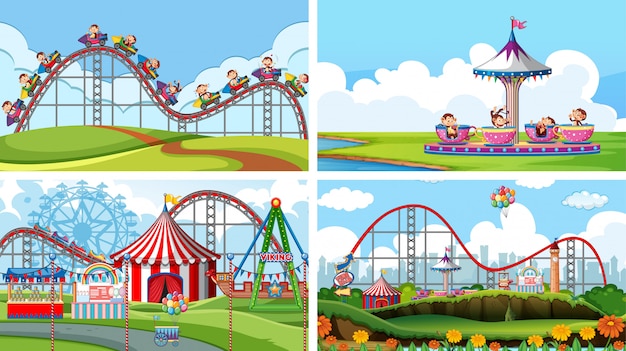 Бесплатное векторное изображение Четыре сцены с множеством аттракционов в веселой ярмарке