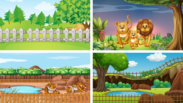 Бесплатное векторное изображение Четыре сцены с дикими животными