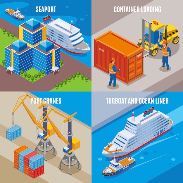 Four seaport isometric icon set with container loading port cranes tugboat and ocean liner descriptions  illustration