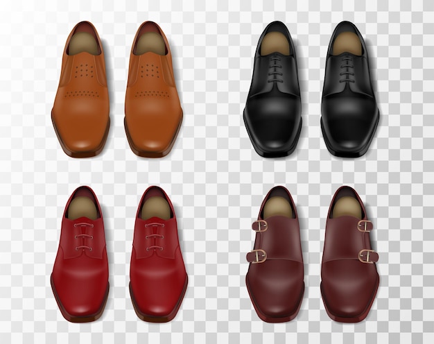 Четыре блестящие кожаные мужские туфли реалистичный набор разных цветов и моделей, изолированные на прозрачном фоне векторной иллюстрации