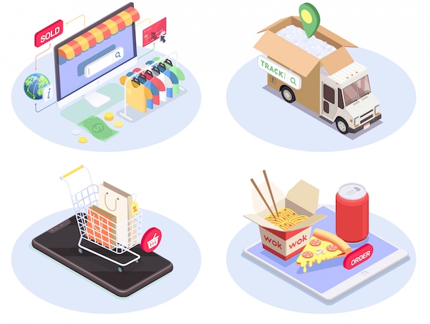 Free vector four shopping e-commerce isometric compositions set with conceptual images of consumer electronics pictograms and goods vector illustration