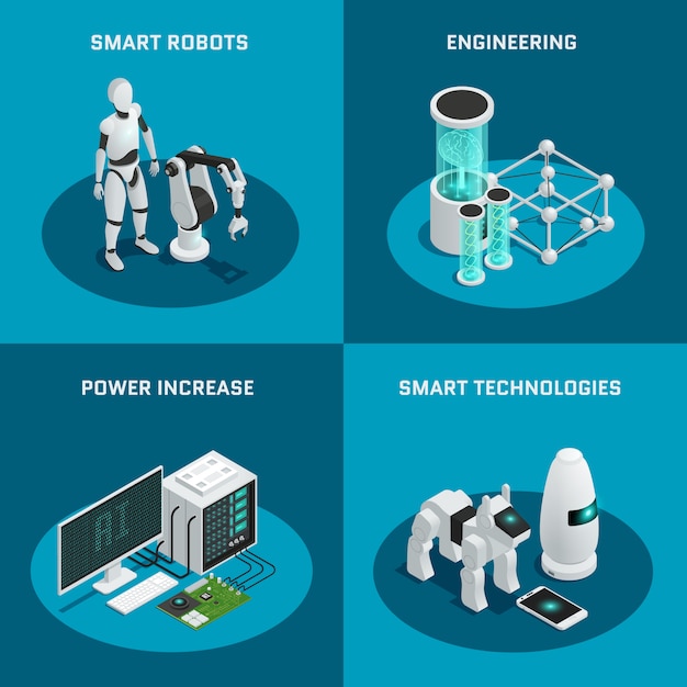 Quattro icone quadrate di intelligenza artificiale impostate con la potenza del robot intelligente aumentano le tecnologie intelligenti di ingegneria