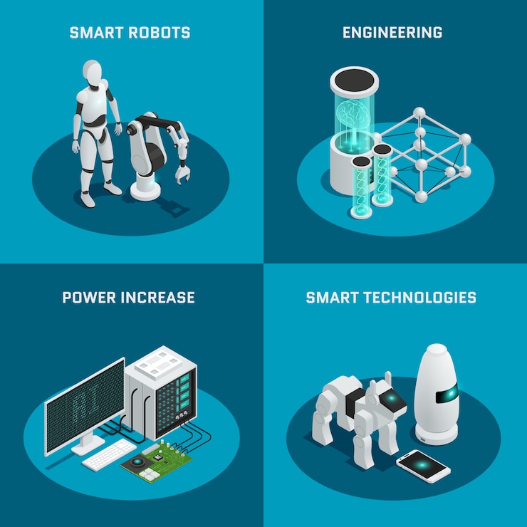 Free Vector four square artificial intelligence icon set with smart robot power increase engineering smart technologies