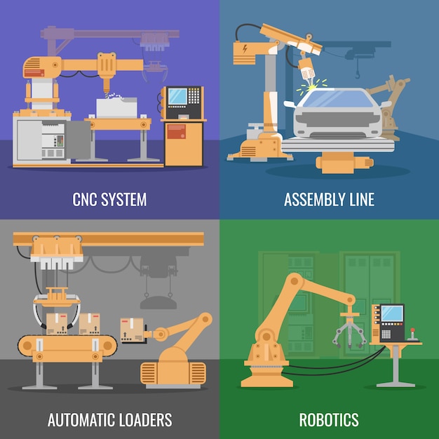 Four square automated assembly icon set with descriptions of cnc system assembly line automatic loaders and robotics vector illustration