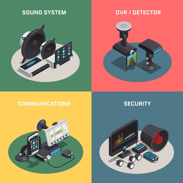 Vettore gratuito composizione isometrica di quattro automobili elettronica di elettronica quadrata dell'automobile con le comunicazioni del rivelatore del dvr del sistema acustico