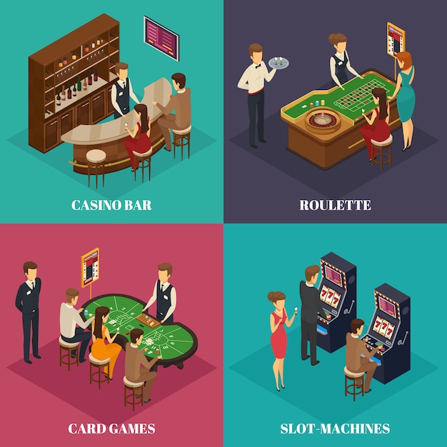 Composizione isometrica del casinò di quattro quadrati con i giochi di carte della roulette della barra del casinò e le descrizioni delle macchine di fessura