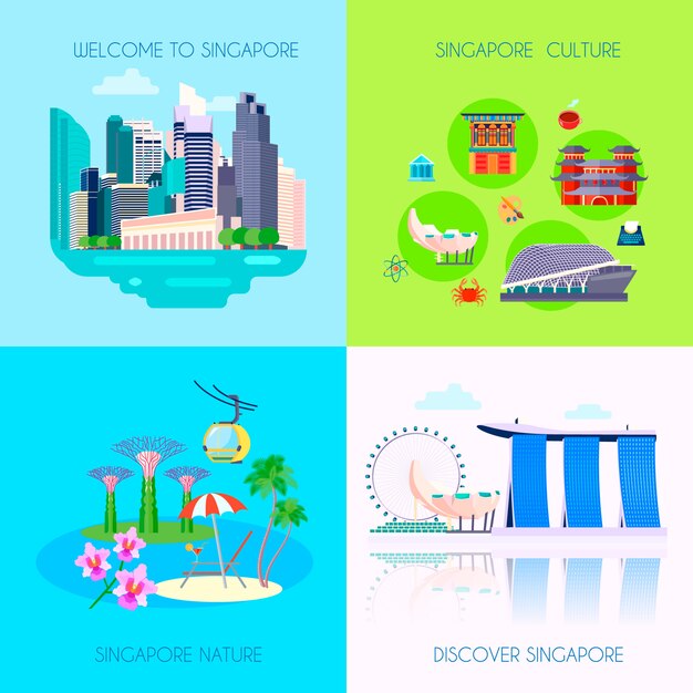 Четыре квадратных плоский набор иконок культуры Сингапура