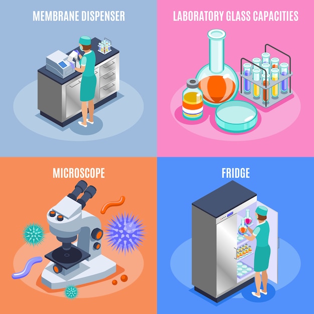 L'icona di microbiologia isometrica quadrata quattro ha messo con l'illustrazione di descrizioni del microscopio e del frigorifero di capacità di vetro del laboratorio dell'erogatore della membrana