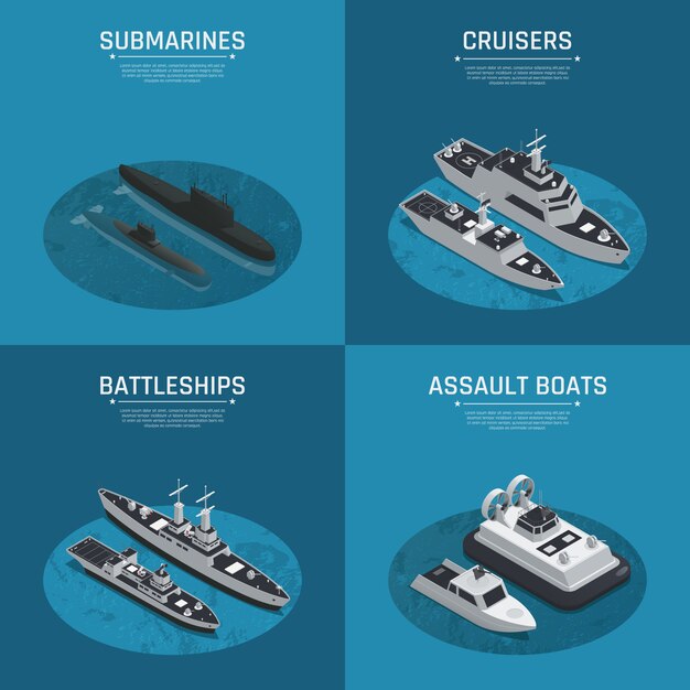 Four square military boats isometric icon set