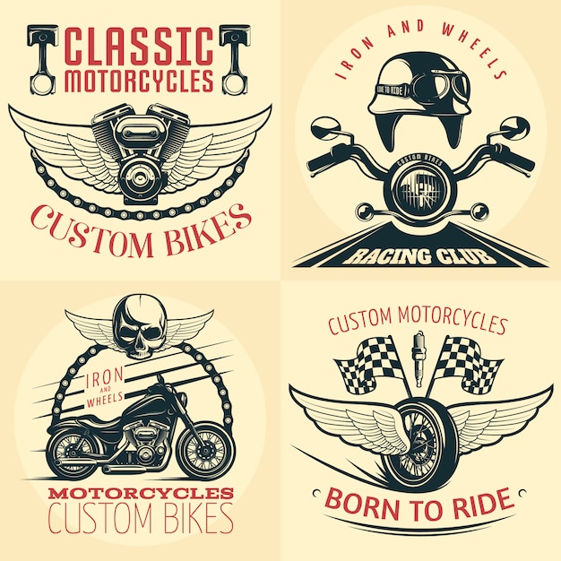 four square motorcycle detailed emblem set on light with descriptions of custom bikes born to ride and iron and wheels vector illustration