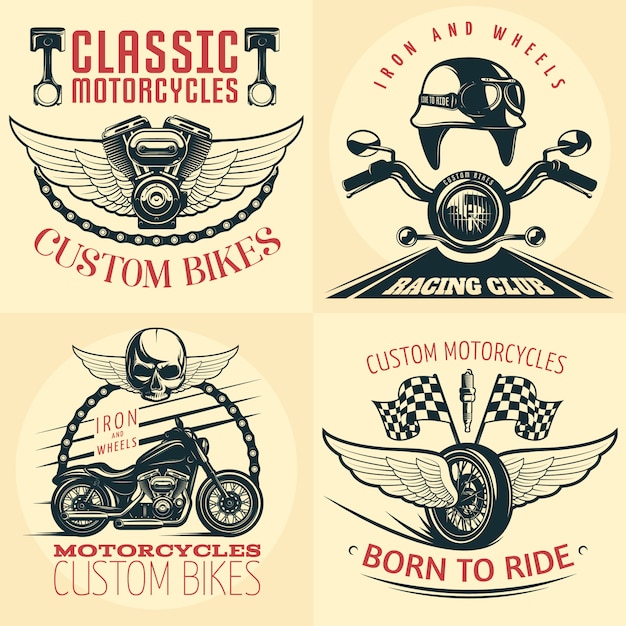 Four square motorcycle detailed emblem set on light with descriptions of custom bikes born to ride and iron and wheels vector illustration