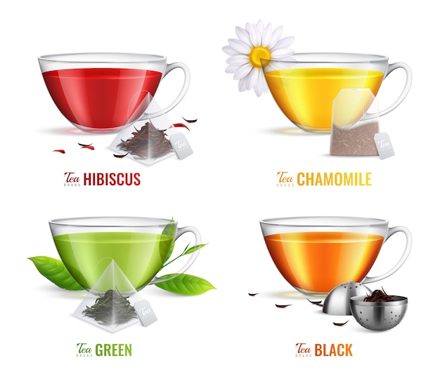 Four square realistic tea brewing bag icon set with hibiscus chamomile green and black tea flavors vector illustration