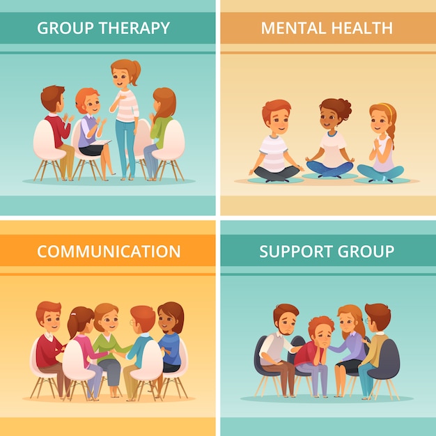 Four squares cartoon group therapy icon set with mental health communication and support group descriptions