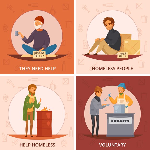 Four squares cartoon homeless people icon set with they need help voluntary and other descriptions