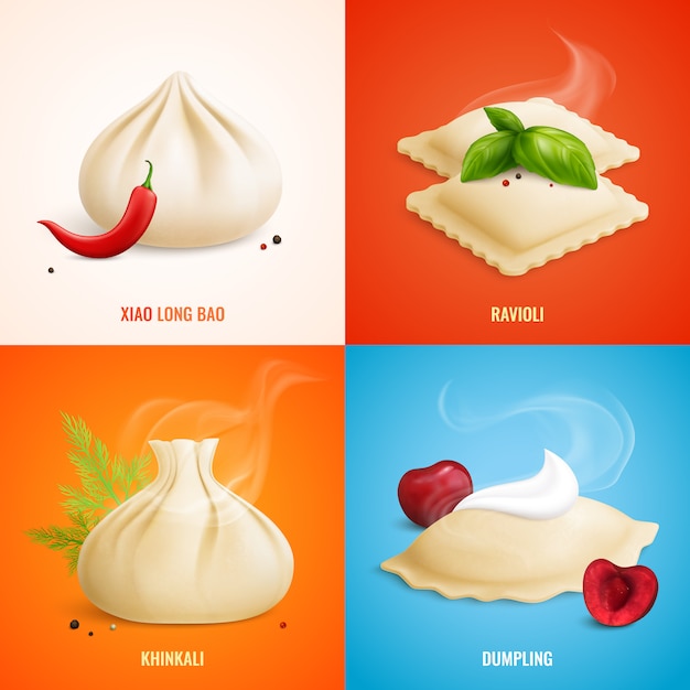 Free vector four squares dumplings ravioli manti icon set with xiao long bao ravioli khinkali dumpling descriptions  illustration