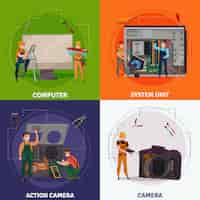 Free vector four squares electronics repair concept set with camera headlines