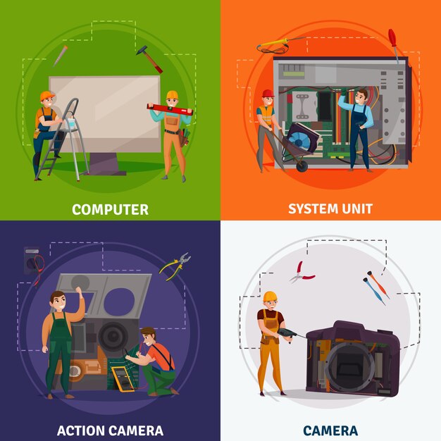 Four squares electronics repair concept set with camera headlines