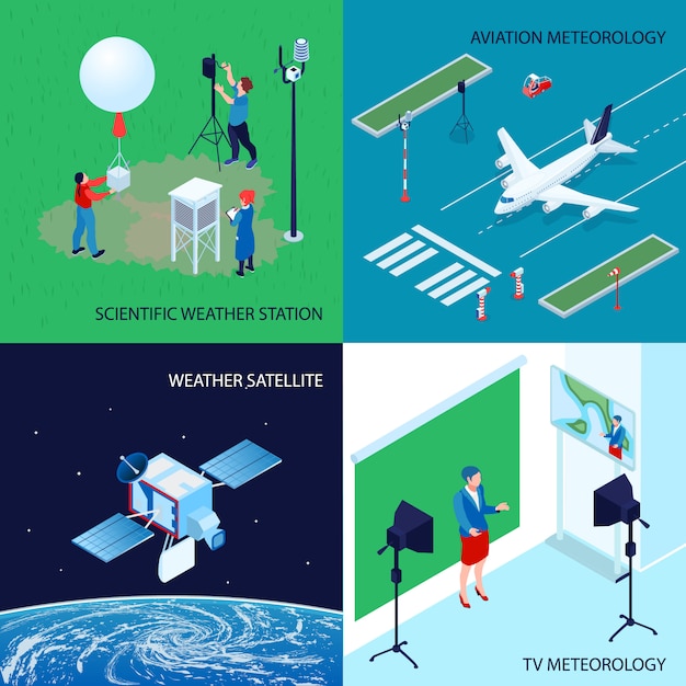 Concetto di centro meteorologico meteorologico isometrico di quattro quadrati con stazione meteorologica scientifica tv e meteorologia dell'aviazione