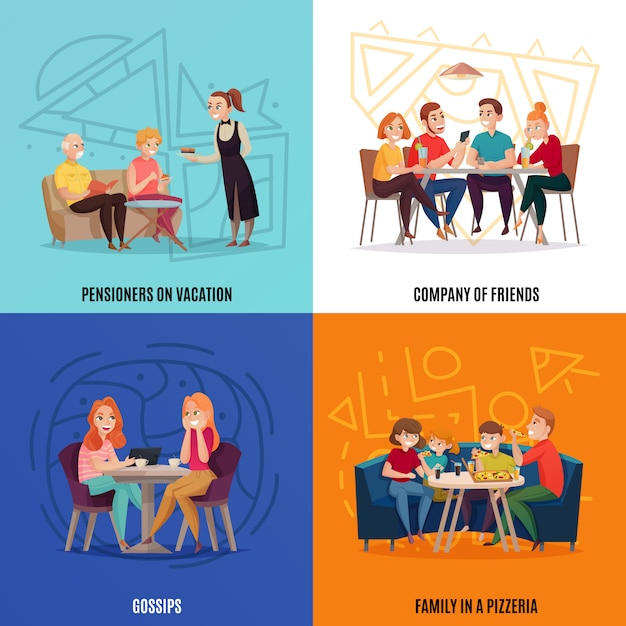 Free vector four squares restaurant pub visitors concept with pensioners on vacations company of friends gossips and family in a pizzeria