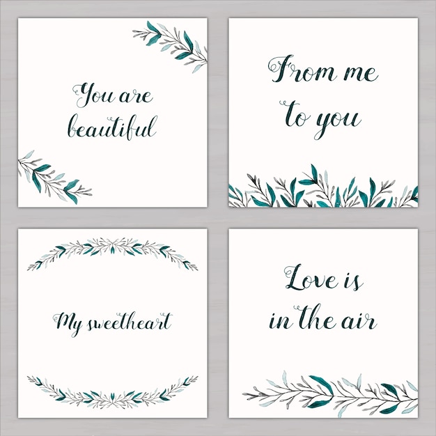 愛のメッセージを持つ四つの水彩画カード