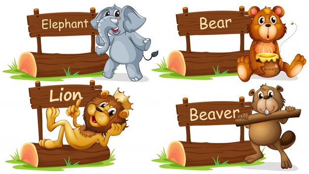 Free vector four wild animals with wooden sign