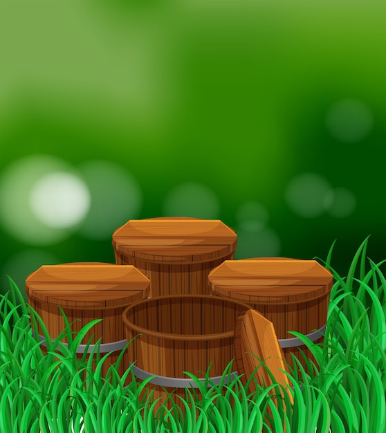 Four wooden buckets in the garden