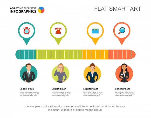 Modello di grafico di processo di quattro lavoratori per la presentazione.