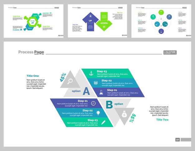 Set di quattro modelli di diapositive di flusso di lavoro