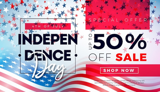 Fourth of July Independence Day Sale Banner Design American Flag and Falling Star Shape Confetti