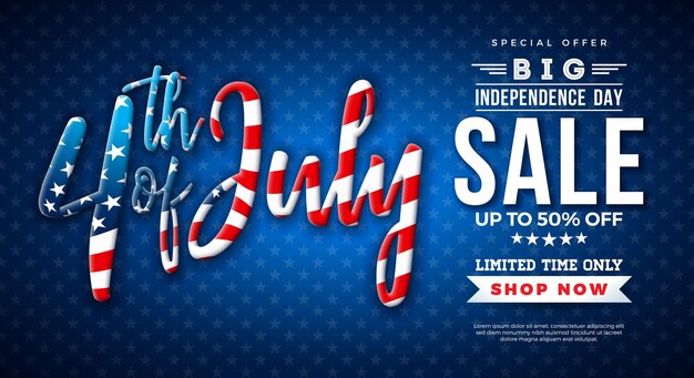 Fourth of July Independence Day Sale Banner Design with American Flag Pattern 3d Lettering